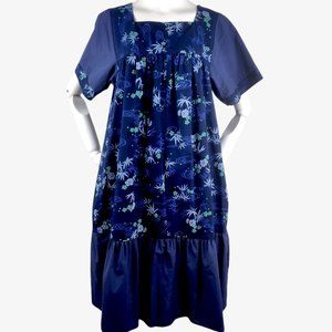 Vintage Blue Hawaiian Dress MuuMuu Mumu Palm Trees Tropical Floral Ruffle Hem ML